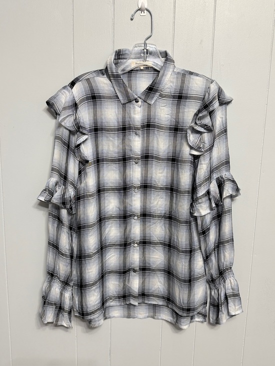 Rocks & Indigo Tops - #21)  Women’s Black & White Plaid Ruffle Button-Down Shirt